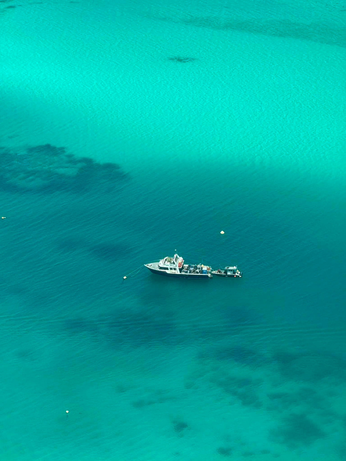 Workboat and tender at anchor in clear water