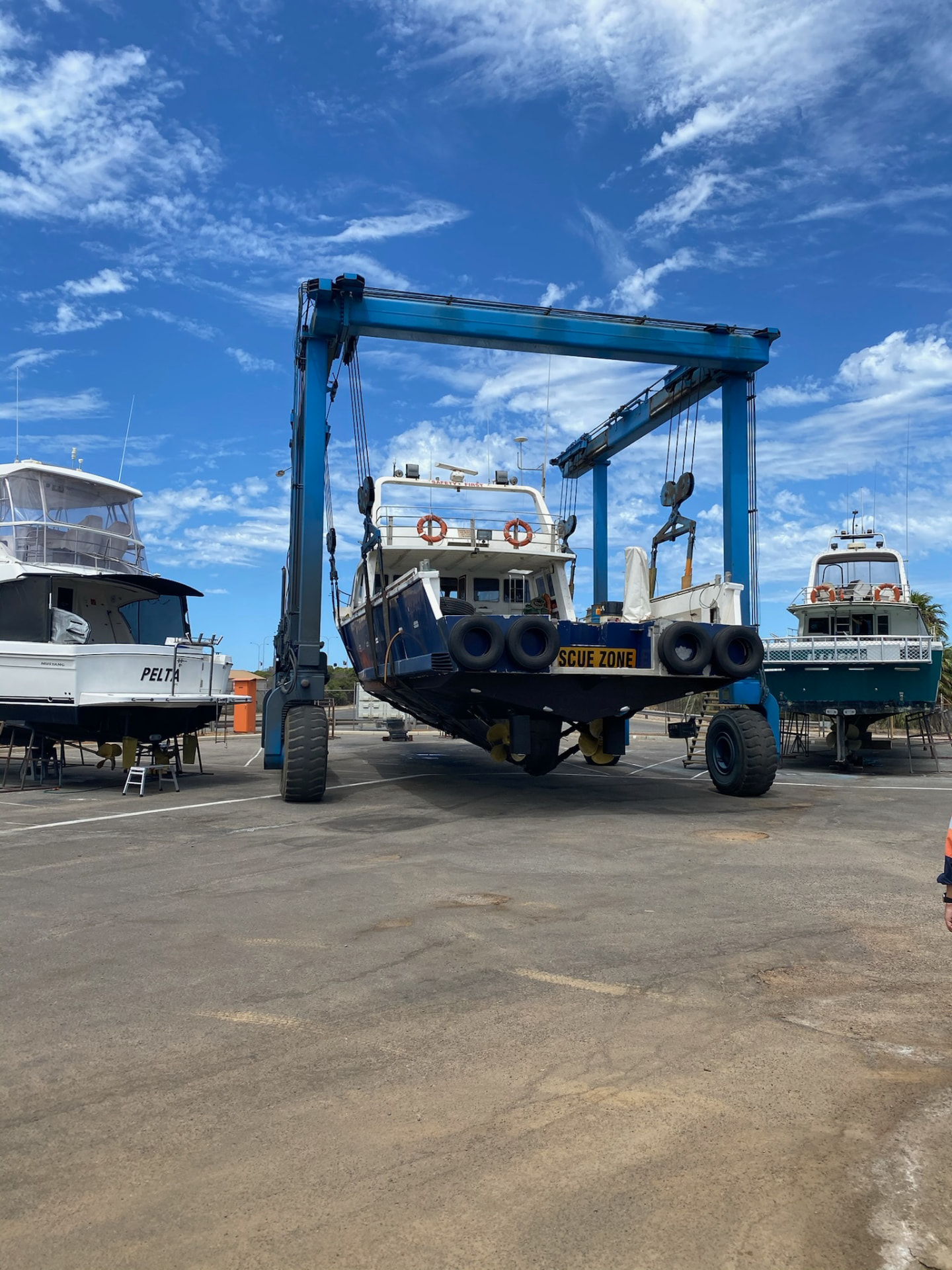 Vessel lifted in the travel lift for slipping and maintenance